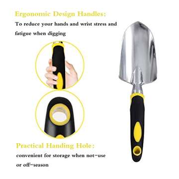 Dorathye Garden Tool Set, 3 Piece Heavy Duty Cast-Aluminum Heads Gardening Kit with Soft Rubberized Non-Slip Handle - Trowel,Transplant Trowel and Cultivator Hand Rake - Garden Gifts for Parents