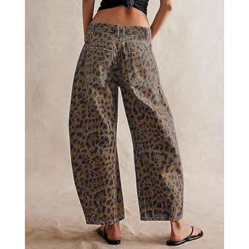 Kedera Women's Baggy Barrel Jeans Casual Boyfriend Mid Rise Leopard Printed Wide Leg Denim Ankle Pan...