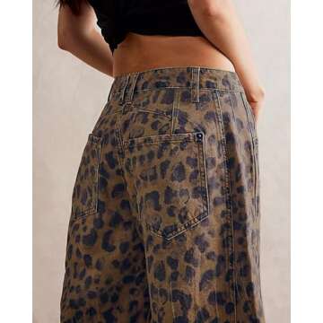 Kedera Women's Baggy Barrel Jeans Casual Boyfriend Mid Rise Leopard Printed Wide Leg Denim Ankle Pants