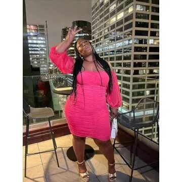 EDITCOZY Women Plus Size Off Shoulder Mesh Long Sleeve Bodycon Club Cocktail Ruched Midi Dress Rose 2XL