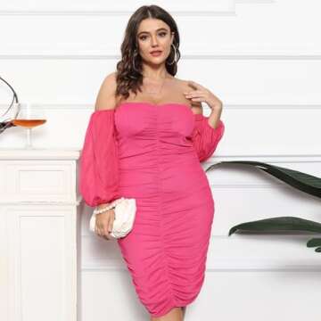 EDITCOZY Women Plus Size Off Shoulder Mesh Long Sleeve Bodycon Club Cocktail Ruched Midi Dress Rose 2XL
