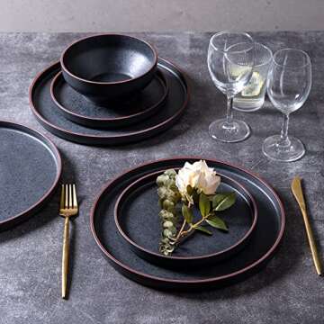 LERATIO Salad Plates,8.0 inch ceramic plates,Ceramic Salad Plates Set of 6,Modern Shape Dinnerware Dishes Set for Kitchen, Microwave & Dishwasher & Oven Safe,Matte Black with coffee rim