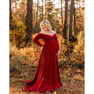 Saslax Pregnancy Dresses for Photography, Maternity Off Shoulders Long Sleeve Half Circle Gown for Baby Shower Photo Props Dress Burgundy 162 Small