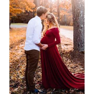 Saslax Pregnancy Dresses for Photography, Maternity Off Shoulders Long Sleeve Half Circle Gown for Baby Shower Photo Props Dress Burgundy 162 Small