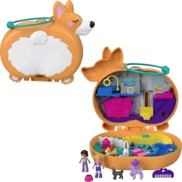 Polly Pocket Compact Playset, Corgi Cuddles with 2 Micro Dolls & Accessories, Travel Toys with Surpr...