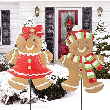 Hourleey 2 Pack Christmas Metal Stakes, 24.8 inch Gingerbread Boy and Girl Yard Sign Stake, Christmas Outdoor Decorations for Outdoor Holiday Pathway Home Yard Lawn Garden Party Decor