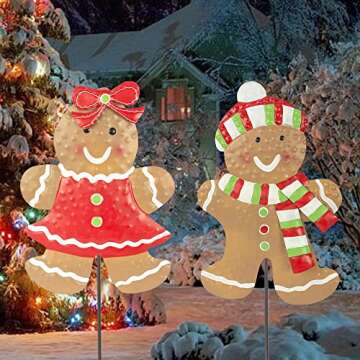 Hourleey 2 Pack Christmas Metal Stakes, 24.8 inch Gingerbread Boy and Girl Yard Sign Stake, Christmas Outdoor Decorations for Outdoor Holiday Pathway Home Yard Lawn Garden Party Decor