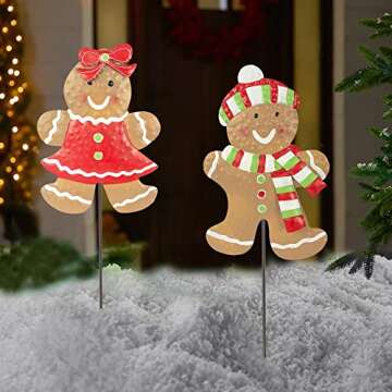 Hourleey 2 Pack Christmas Metal Stakes, 24.8 inch Gingerbread Boy and Girl Yard Sign Stake, Christmas Outdoor Decorations for Outdoor Holiday Pathway Home Yard Lawn Garden Party Decor