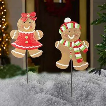 Hourleey 2 Pack Christmas Metal Stakes, 24.8 inch Gingerbread Boy and Girl Yard Sign Stake, Christmas Outdoor Decorations for Outdoor Holiday Pathway Home Yard Lawn Garden Party Decor