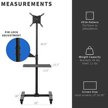 VIVO Mobile TV Cart for 13 to 50 inch Screens up to 44 lbs, LCD LED OLED 4K Smart Flat, Curved Monitor Panels, Rolling Stand, DVD Shelf, Wheels, Max VESA 200x200, Black, STAND-TV07W-S