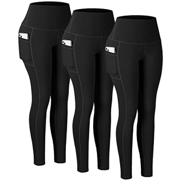 CHRLEISURE Leggings with Pockets for Women, High Waisted Tummy Control Workout Yoga Pants(3Packs 3Bl...