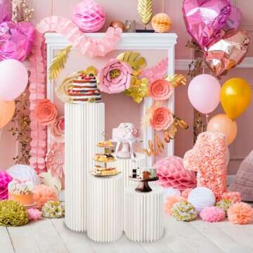 Tacsal 4Pcs Foldable Cylinder Stands for Party with Acrylic Disc, Round Columns Pedestal Display Sta...