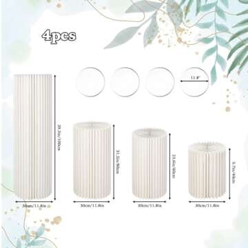Tacsal 4Pcs Foldable Cylinder Stands for Party with Acrylic Disc, Round Columns Pedestal Display Stands, 39.4/31.5/23.6/15.7In White Cylinder Wedding Centerpiece Cardboard Roman Pillar for Birthday Party Wedding Decoration