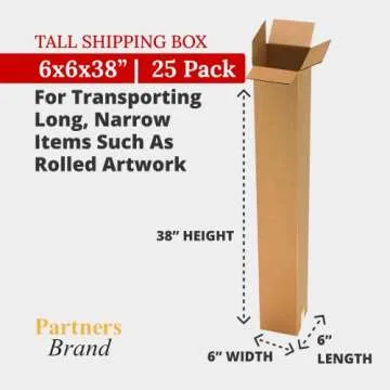 Partners Brand 6x6x48 Corrugated Cardboard Boxes, 6"L x 6"W x 48"H, Pack of 25 | Shipping, Packaging...