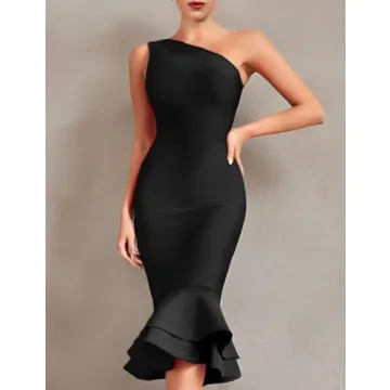 Whoinshop Women's One Shoulder Mermaid Party Dress Black
