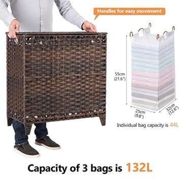 Laundry Hamper with 3 Removable Liner Bags; 132L Handwoven Rattan Laundry Basket with Lid & Heightened Feet; Clothes Hamper with Side Handles; Laundry Sorter with 3 Separate Sections (Brown)