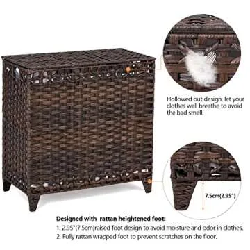 Laundry Hamper with 3 Removable Liner Bags; 132L Handwoven Rattan Laundry Basket with Lid & Heightened Feet; Clothes Hamper with Side Handles; Laundry Sorter with 3 Separate Sections (Brown)