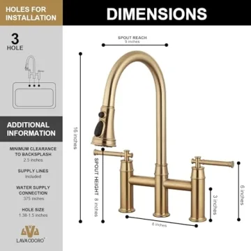 Brushed Bronze Bridge Kitchen Faucet with Pull Down Sprayer, Lava Odoro Transitional Bronze Gold Kitchen Sink Faucet 3 Hole 2 Handle Antique Brass Bridge Kitchen Faucet, KF501-BB
