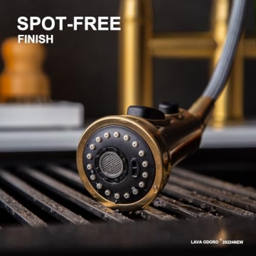 Brushed Bronze Bridge Kitchen Faucet with Pull Down Sprayer, Lava Odoro Transitional Bronze Gold Kitchen Sink Faucet 3 Hole 2 Handle Antique Brass Bridge Kitchen Faucet, KF501-BB