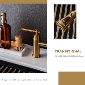 Brushed Bronze Bridge Kitchen Faucet with Pull Down Sprayer, Lava Odoro Transitional Bronze Gold Kitchen Sink Faucet 3 Hole 2 Handle Antique Brass Bridge Kitchen Faucet, KF501-BB
