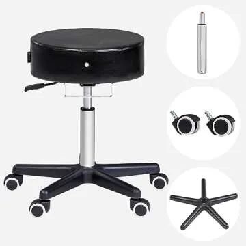 Master Massage Glider Ergonomic Round Swivel Adjustable Rolling Hydraulic Stool Barber Dental Chair in Black for Therapist, Clinic, Tattoo, Spas, Facial, Beauty, Lash, Salons, Home, Studio, Office