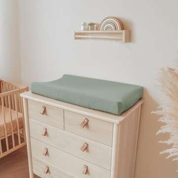 Konssy Muslin Changing Pad Cover for Baby Girls Boys, 100% Cotton Fitted Diaper Chang Table Covers, Soft Breathable Changing Pad Sheets, 2 Pack (Leafy,Green)