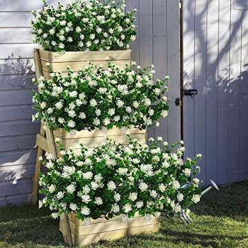 Grunyia 10 Bundles Artificial Fake Flowers, Faux Outdoor Plastic Plants UV Resistant Shrubs Outside Indoor Decorations (White-Eucalyptus)