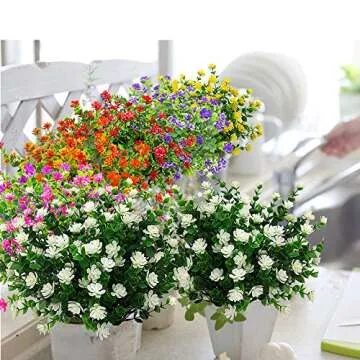 Grunyia 10 Bundles Artificial Fake Flowers, Faux Outdoor Plastic Plants UV Resistant Shrubs Outside Indoor Decorations (White-Eucalyptus)