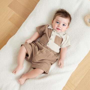 Kupretty Toddler Baby Boy Summer Clothes Color Block Short Sleeve Button Down Shirt + Solid Shorts Clothing Set (A Khaki, 3-4 Years)