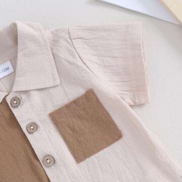 Kupretty Toddler Baby Boy Summer Clothes Color Block Short Sleeve Button Down Shirt + Solid Shorts Clothing Set (A Khaki, 3-4 Years)