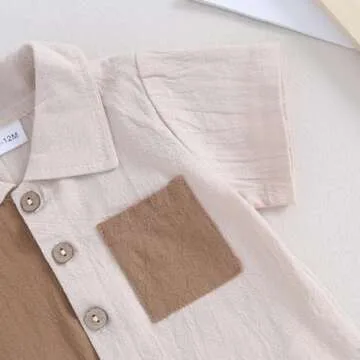 Kupretty Toddler Baby Boy Summer Clothes Color Block Short Sleeve Button Down Shirt + Solid Shorts Clothing Set (A Khaki, 3-4 Years)
