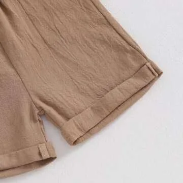 Kupretty Toddler Baby Boy Summer Clothes Color Block Short Sleeve Button Down Shirt + Solid Shorts Clothing Set (A Khaki, 3-4 Years)