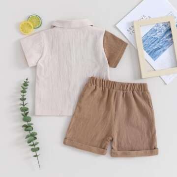Kupretty Toddler Baby Boy Summer Clothes Color Block Short Sleeve Button Down Shirt + Solid Shorts Clothing Set (A Khaki, 3-4 Years)