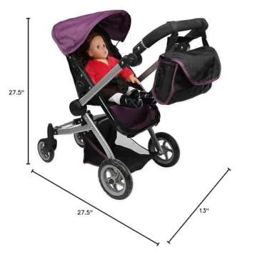 Mommy & Me Babyboo Foldable Doll Stroller with Swiveling Wheels, Doll Pram with Basket, Convertible Seat, Adjustable Handle and Free Carriage Bag - Purple Black