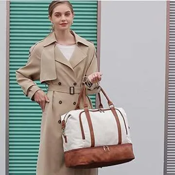 CAMTOP Women Ladies Travel Weekender Bag Overnight Duffel Carry-on Tote Bag with Luggage Sleeve fit 15.6 Inch Laptop Computer(Beige with Shoe Compartment)