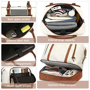 CAMTOP Women Ladies Travel Weekender Bag Overnight Duffel Carry-on Tote Bag with Luggage Sleeve fit 15.6 Inch Laptop Computer(Beige with Shoe Compartment)