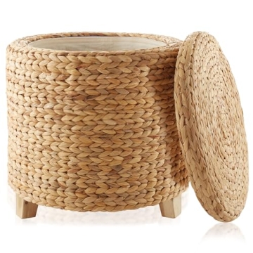 Casafield 17" Round Storage Ottoman with Lid - Natural, Handwoven Water Hyacinth Footstool for Livin...