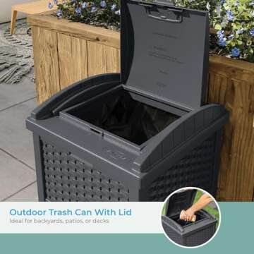 Suncast 33 Gallon Wicker-Style Hideaway Trash Can with Secure Latching Lid and Weather-Resistant Construction for Patio, Cyberspace Grey