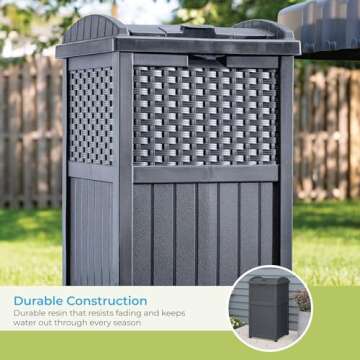 Suncast 33 Gallon Wicker-Style Hideaway Trash Can with Secure Latching Lid and Weather-Resistant Construction for Patio, Cyberspace Grey