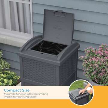 Suncast 33 Gallon Wicker-Style Hideaway Trash Can with Secure Latching Lid and Weather-Resistant Construction for Patio, Cyberspace Grey