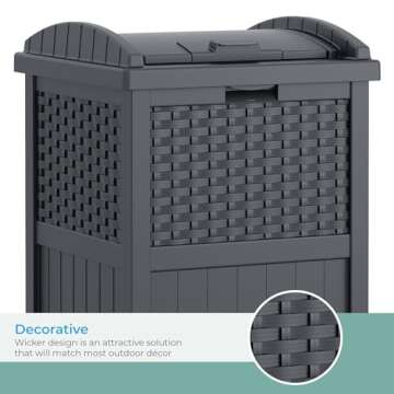 Suncast 33 Gallon Wicker-Style Hideaway Trash Can with Secure Latching Lid and Weather-Resistant Construction for Patio, Cyberspace Grey