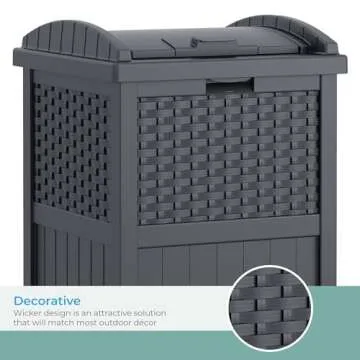 Suncast 33 Gallon Wicker-Style Hideaway Trash Can with Secure Latching Lid and Weather-Resistant Construction for Patio, Cyberspace Grey