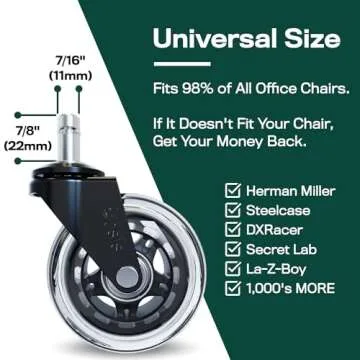 The Original Rollerblade Office Chair Wheels (As Seen On PBS) - Incredibly Smooth & Quiet Rolling Casters - Safe for Hardwood Floors & Carpet - Easy Installation with Universal Fit - Set of 5