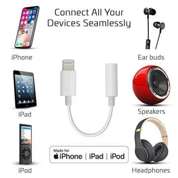 CHARGEWORX Headphone Adapter MFi Certified Lightning to 3.5 mm Audio Connector Compatible with iPhone 14 13 12 11 Pro XR XS Max X 8 7 (White)