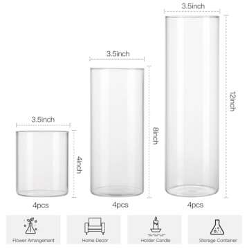 CUCUMI 12 Pack Glass Cylinder Vase 4, 8,12 Inch Tall Clear Vases for Wedding Centerpieces Flower Vases for Rustic Home Decor Formal Dinners Party Event Floating Hurricane Candle Holder Vase