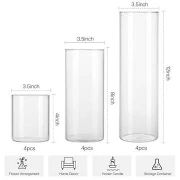 CUCUMI 12 Pack Glass Cylinder Vase 4, 8,12 Inch Tall Clear Vases for Wedding Centerpieces Flower Vases for Rustic Home Decor Formal Dinners Party Event Floating Hurricane Candle Holder Vase