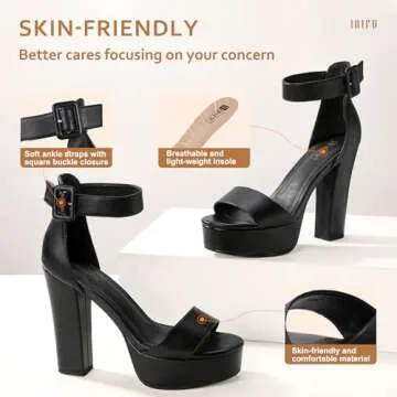 IDIFU IN5 Sabrina Black Heels Platform Heels Block Heels Chunky High Heeled Sandals for Women Sexy Ankle Strap Heels Wedding Party Dress Shoes Open Toe Heels(Black Pu 9)