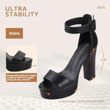 IDIFU IN5 Sabrina Black Heels Platform Heels Block Heels Chunky High Heeled Sandals for Women Sexy Ankle Strap Heels Wedding Party Dress Shoes Open Toe Heels(Black Pu 9)