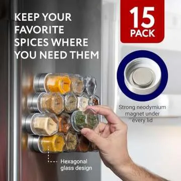 IMPRESA 15 Pack Hexagonal Magnetic Spice Jars, Includes 60 Labels, Glass Spice Storage Containers wi...