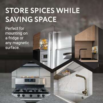 IMPRESA 15 Pack Hexagonal Magnetic Spice Jars, Includes 60 Labels, Glass Spice Storage Containers with Stainless Steel Magnet Lids for Fridge and Backsplash Organization, Honeycomb Design
